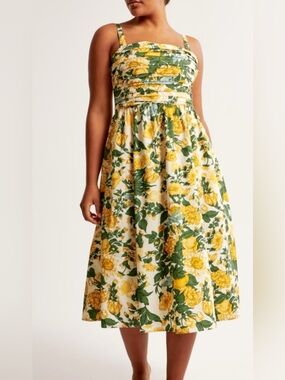 Abercrombie & Fitch Emerson Poplin Midi Dress Yellow Floral Birds Large